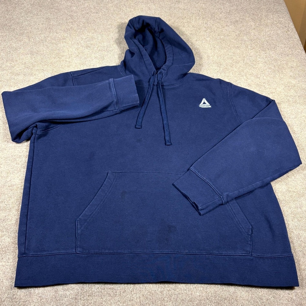 Reebok Hoodie Men's 2XL Navy Fleece Lined Embroidered Logo Drawstring Pullover